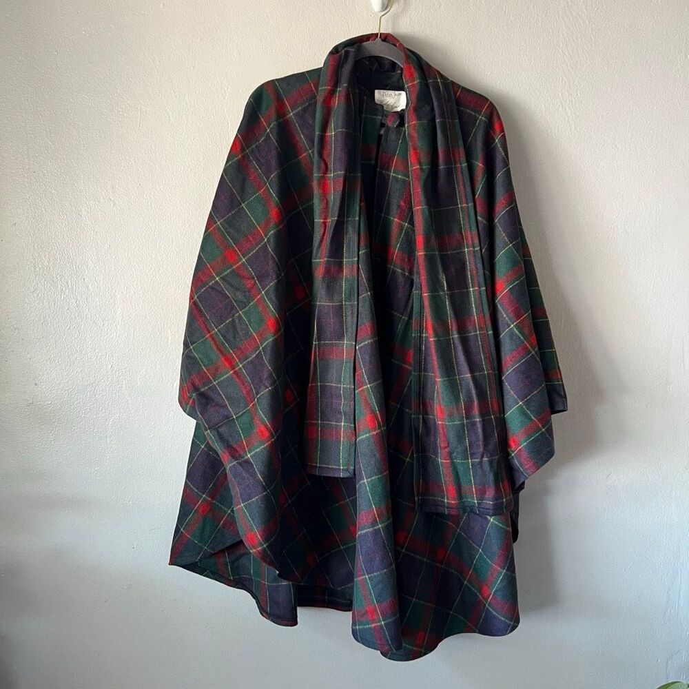 Peter James Vintage Cape Cloak With Scarf Tartan Wool And Cashmere c1990s One Si